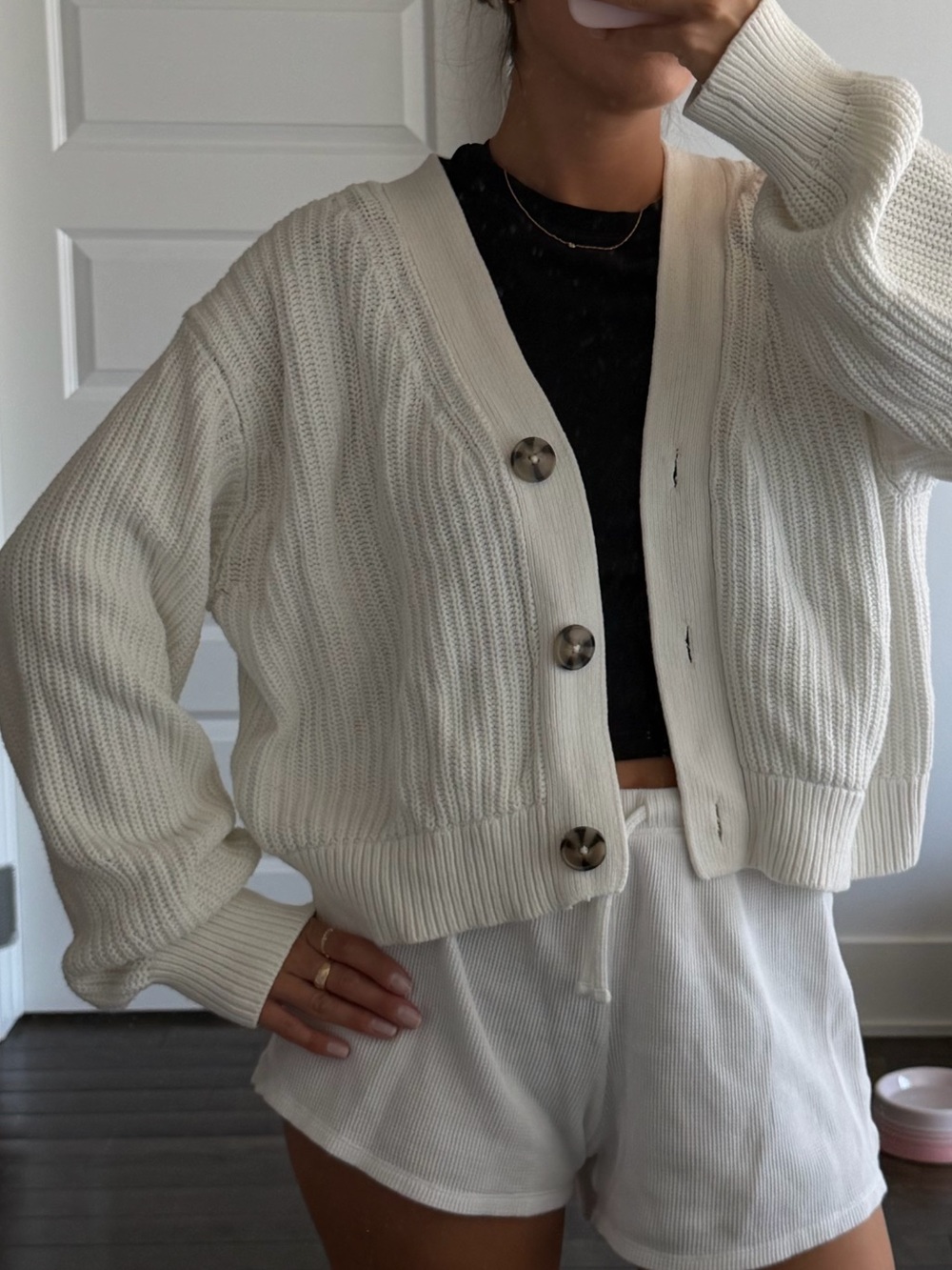 H&M Cream Ribbed Button-Front Cropped Cardigan